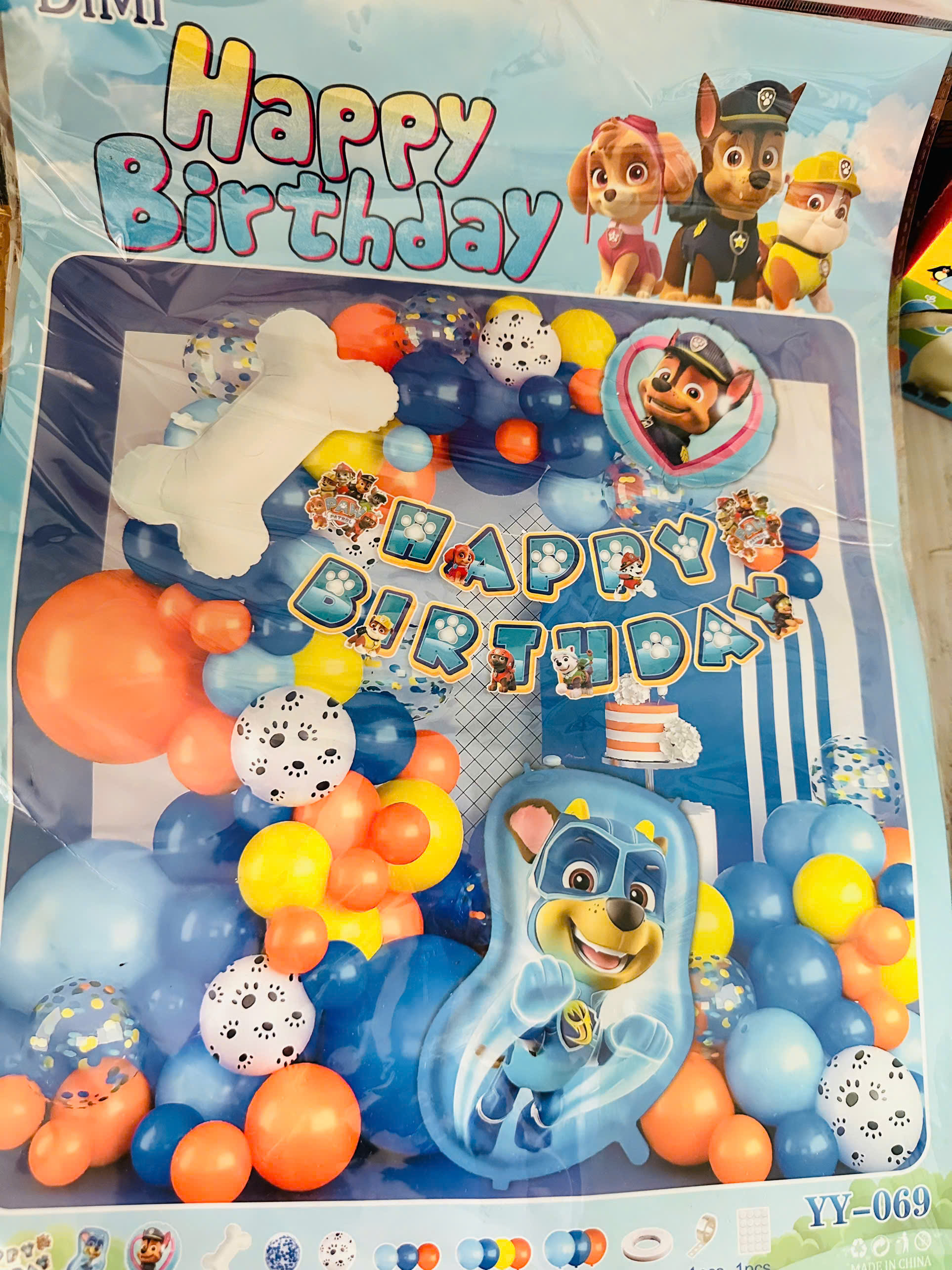 Set bóng trang trí sinh nhật chú chó cứu hộ, set bong bóng bay happy birthday