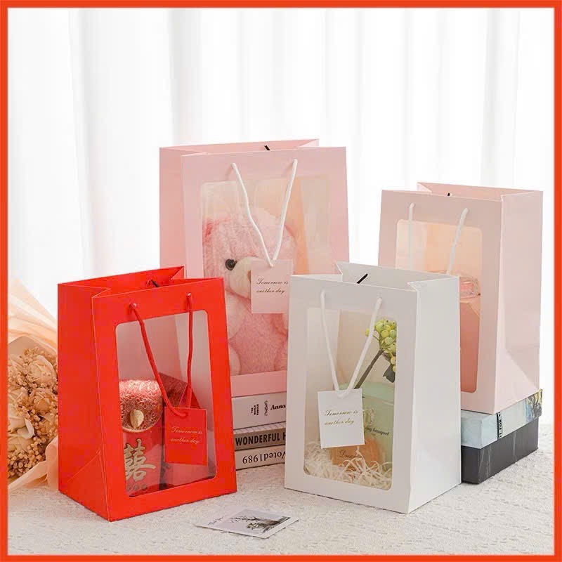 Combo 10 Túi giấy mặt kính mika đựng hoa, quà tặng mix màu